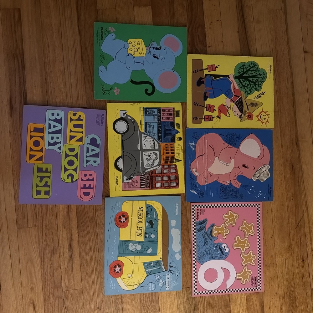 Playskool Wooden Puzzles  Sesame Street, School Bus, Animals Lot Of 7 -70's‎